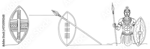 Continuous Line Art of a Zulu Warrior with Spear and Shield