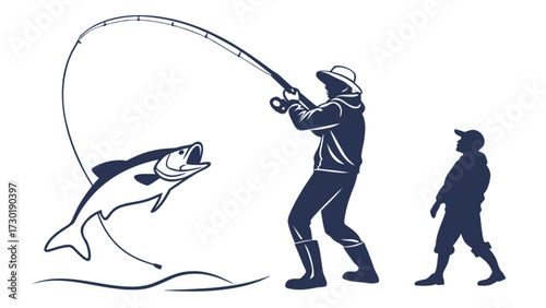 Silhouette of a fisherman reeling in a large fish with another person watching on a white background