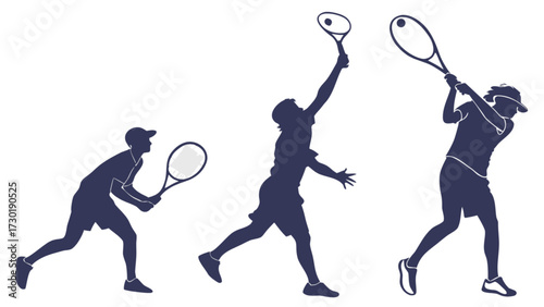 Silhouette of tennis player in various stages of serving and hitting the ball on a white background scene