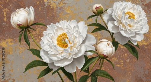 White peony wallpaper on rustic gold texture — romantic watercolor floral mural with a vintage fresco feel.