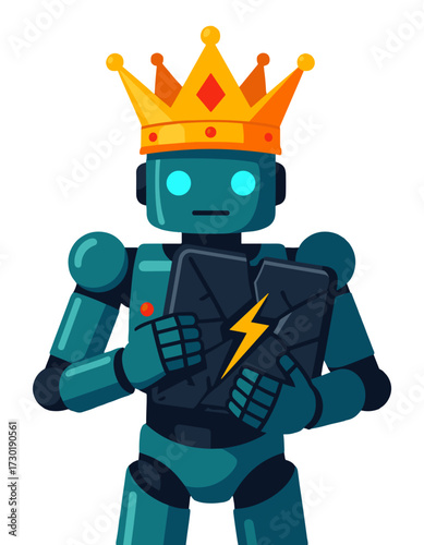Robot King Holding Power Stone Mascot Character Tech