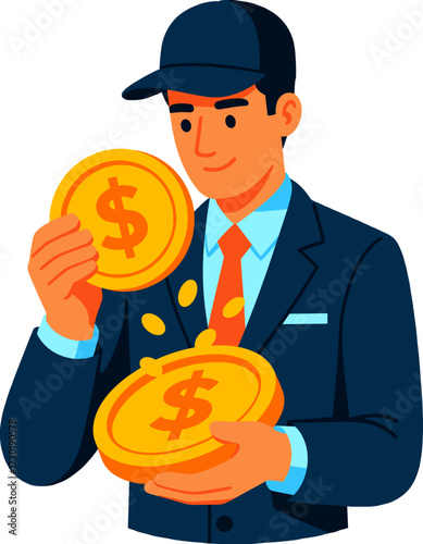 Happy Man Holding Gold Coins Finance Economy