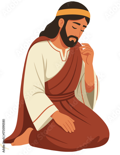 Jesus Christ Kneeling Praying Meditation Bible Character Flat