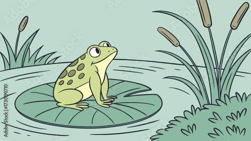 Illustration of a green frog sitting on a lily pad surrounded by cattails in a pond scene drawing