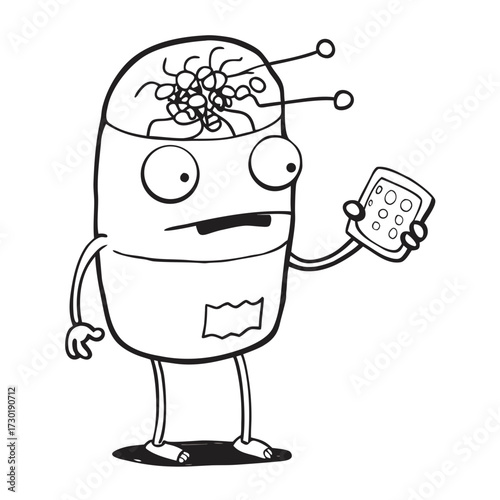 Cartoon character holding a smartphone and looking confused  
