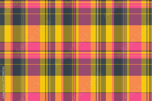 Vibrant plaid pattern with bold, intersecting lines in pink, yellow, orange and dark grey. Evokes feelings of autumn, warmth, and cozy textures. Great for backgrounds, textiles, or graphic designs.