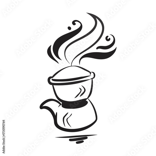 Coffee pot with steam in minimalist black and white design  