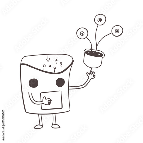 Cartoon character holding a potted plant with happy expression  