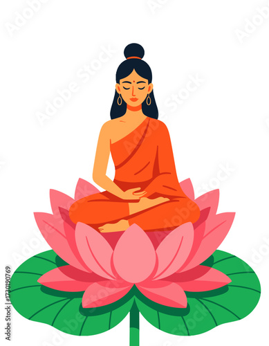 Meditating Buddha Lotus Flower Spiritual Peace Harmony Flat Cartoon
