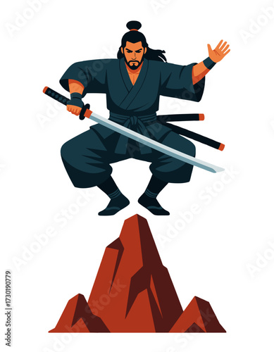 Samurai Warrior Katana Sword Action Pose Mountain Peak Bushido