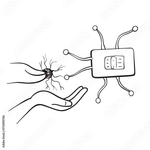 Hand holding bacteria with circuit board illustration in black and white  