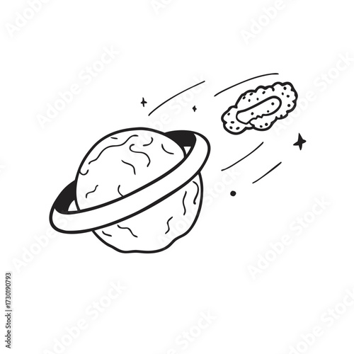 Planet with rings and asteroid in outer space illustration  