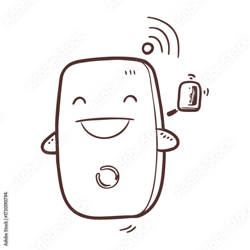 Happy smartphone character waving with sound waves and notification  