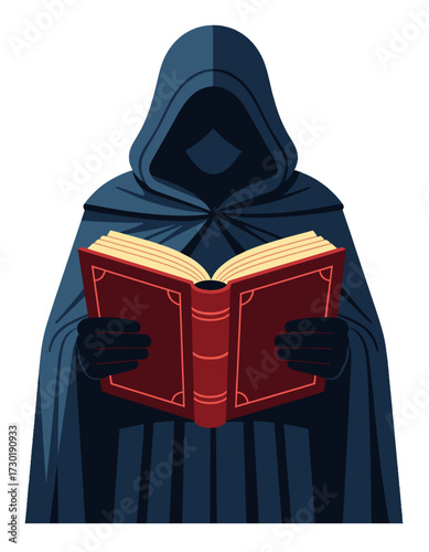 Mysterious Figure Reading Spell Book Hooded Robe Sorcerer Wizard