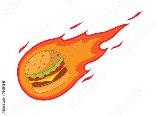 Vector illustration of a burger with fire elements surrounding it