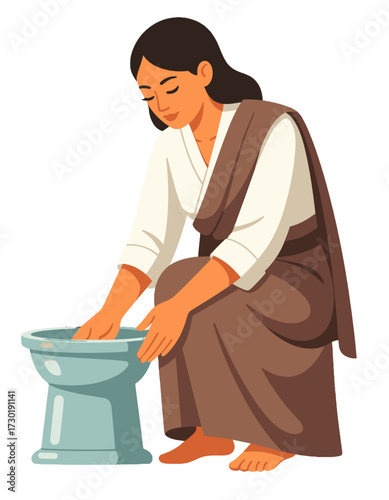 Woman Washing Feet Basin Religious Culture Spiritual Ritual Illustration