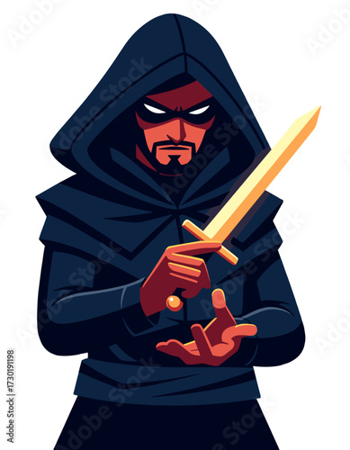 Mysterious Assassin Hooded Character Sword Master Rogue Thief Esport Logo Mascot