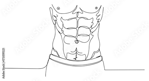 Muscular Male Torso with Six Pack Abs in One Line Art