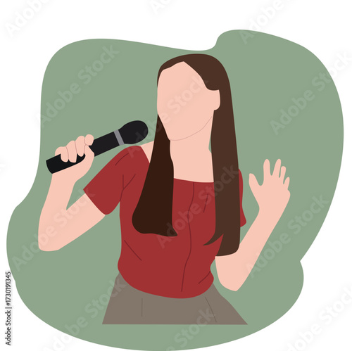woman singing with a mic. smiling woman singer, rock or pop vocalist wearing dress and singing in microphone.