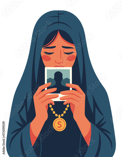 Crying Hidden Woman Holding Picture Of Missing Person Monetary Loss Impact