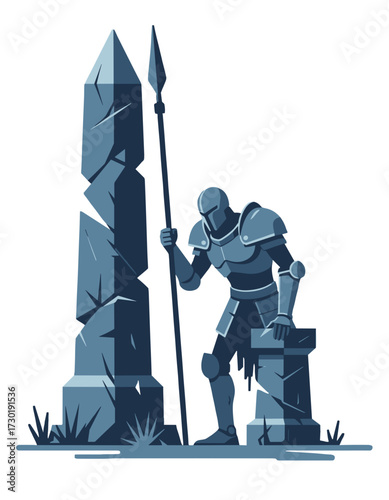 Armored Knight Spear Ancient Stone Ruins Fantasy Warrior Character