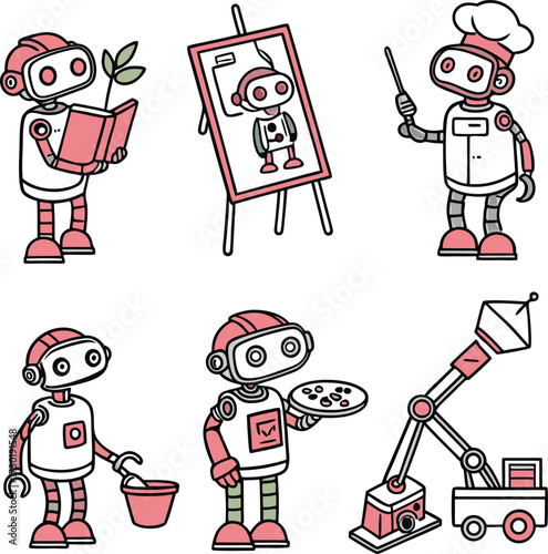 Engaging robots pursuing hobbies and professions, a playful set for creative projects, educational materials, and futuristic themes, originally scalable vector