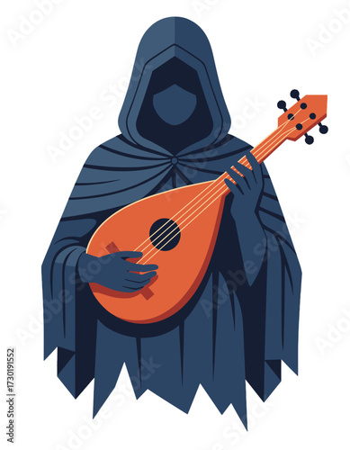 Mysterious Monk Playing Lute Flat Design Fantasy Music Performer