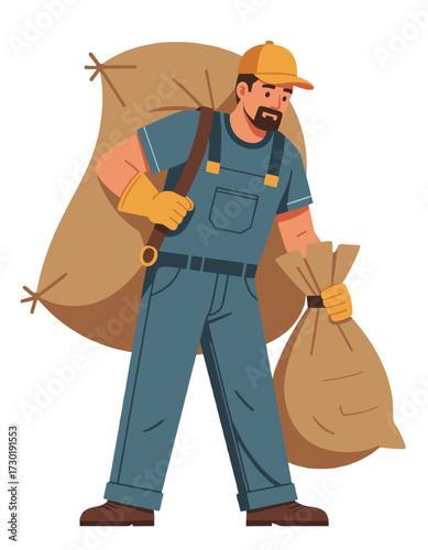 Man Carrying Heavy Sacks Concept Delivery Labor Worker Character Illustration