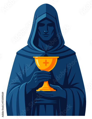 Mysterious Monk Holding Holy Grail Religious Ritual Flat Vector