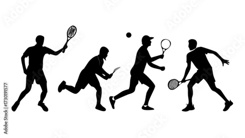 Silhouette view of four tennis players in action hitting the ball with their rackets on a white background