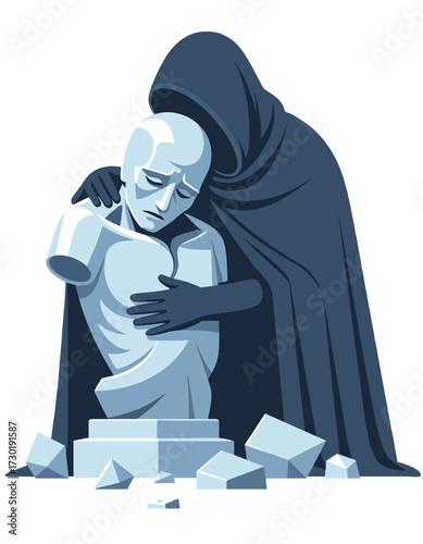 Broken Statue Figure Embraced Dark Hooded Figure Sadness Grief Support