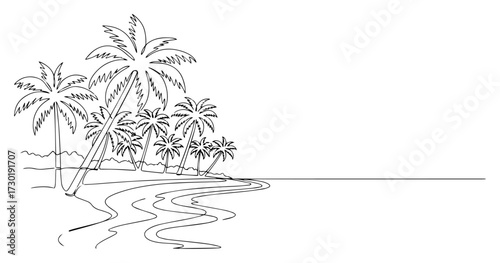 Tropical Beach with Palm Trees and a River Continuous Line Drawing