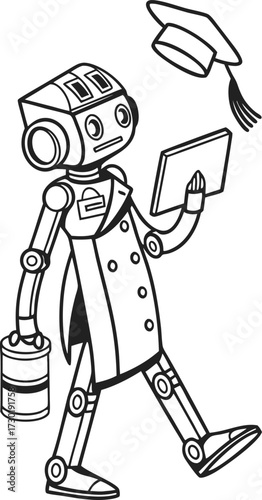 Graduate robot celebrating academic achievement, holding tablet and briefcase, mortarboard in the air, showcasing intelligence and future technology success