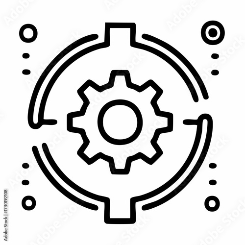 Clean icon illustrating a central gear within a circular flow, representing efficient system configuration, continuous operational process, and optimized workflow management