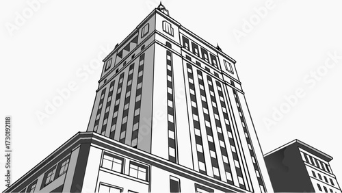 Low angle view of a tall building with many windows and a tower on top against a white background