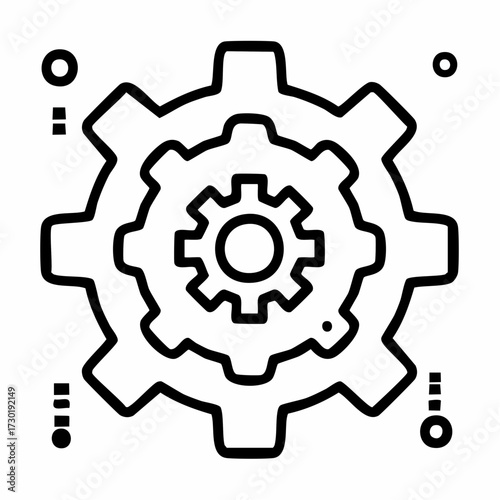Detailed line art icon depicting a complex gear mechanism, symbolizing engineering, technological innovation, and industrial processes