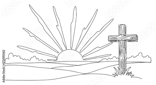 Wooden Cross on a Hill at Sunrise a Symbol of Easter One Line Art