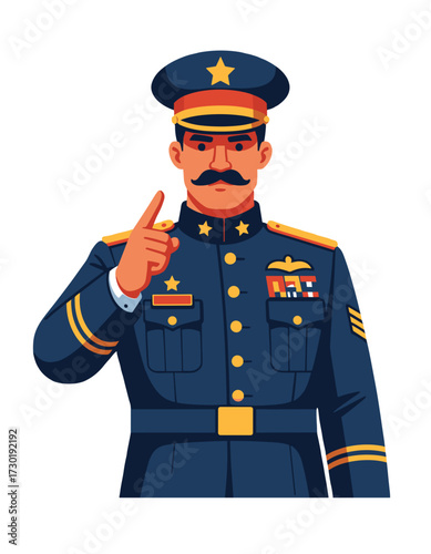 Military Officer Gesturing Pointing Finger Flat Graphic Character