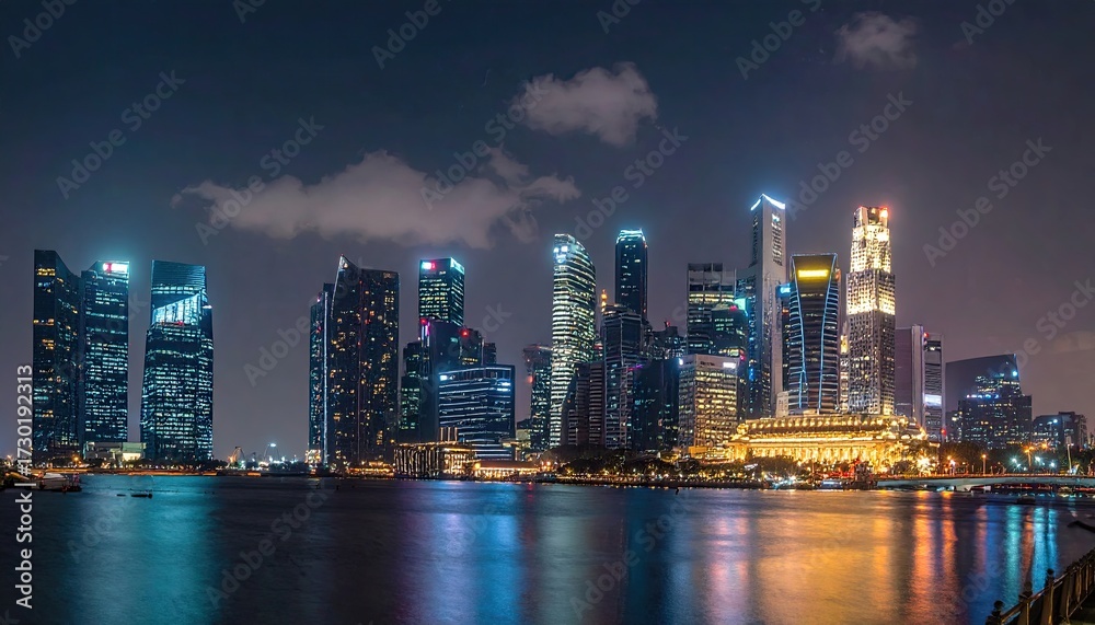 Obraz premium Singapore Cityscape at Night Illuminated Skyscrapers Reflecting in Water under Cloudy Sky