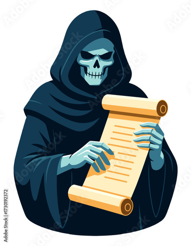 Grim Reaper Holding Ancient Scroll Reading Death List