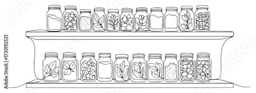 One Line Art of Glass Jars with Preserves on Shelves