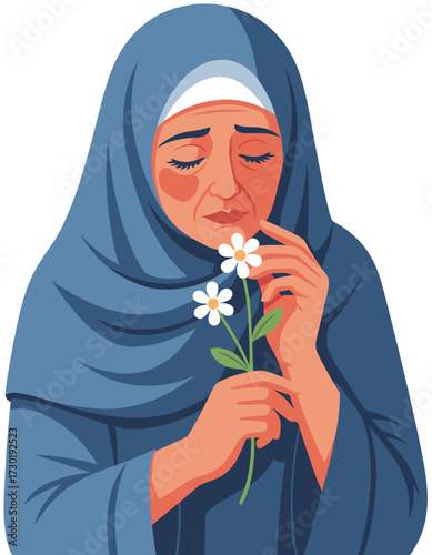 Sad Old Woman Holding Flowers Isolated Emotional Female