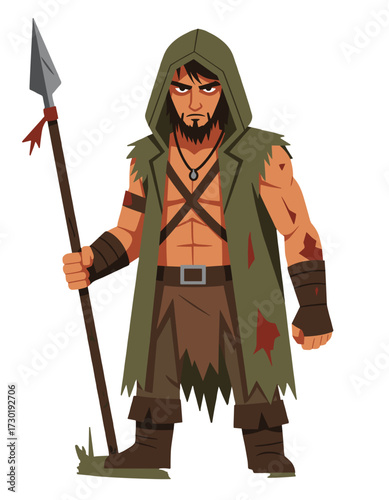 Hunter Character Warrior Man Hooded Spear Video Game Hero Fantasy Medieval