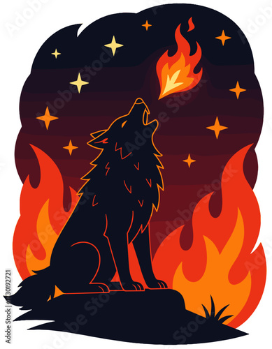 Wolf Howling Fire Flames Night Stars Dark Background