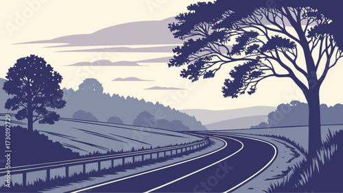 Curving road with guardrail and trees against a backdrop of rolling hills and a cloudy sky landscape