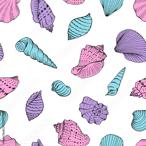 Seamless pattern with seashells. Marine background. Hand drawn vector illustration.