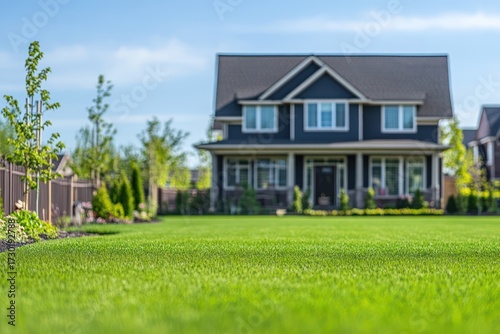 Perfectly manicured green lawn with blurred house background