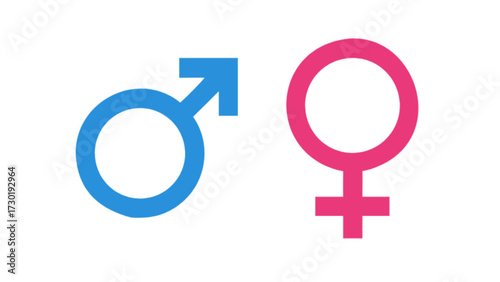 Illustration depicting the male and female gender symbols, colored in blue and pink, on a white background