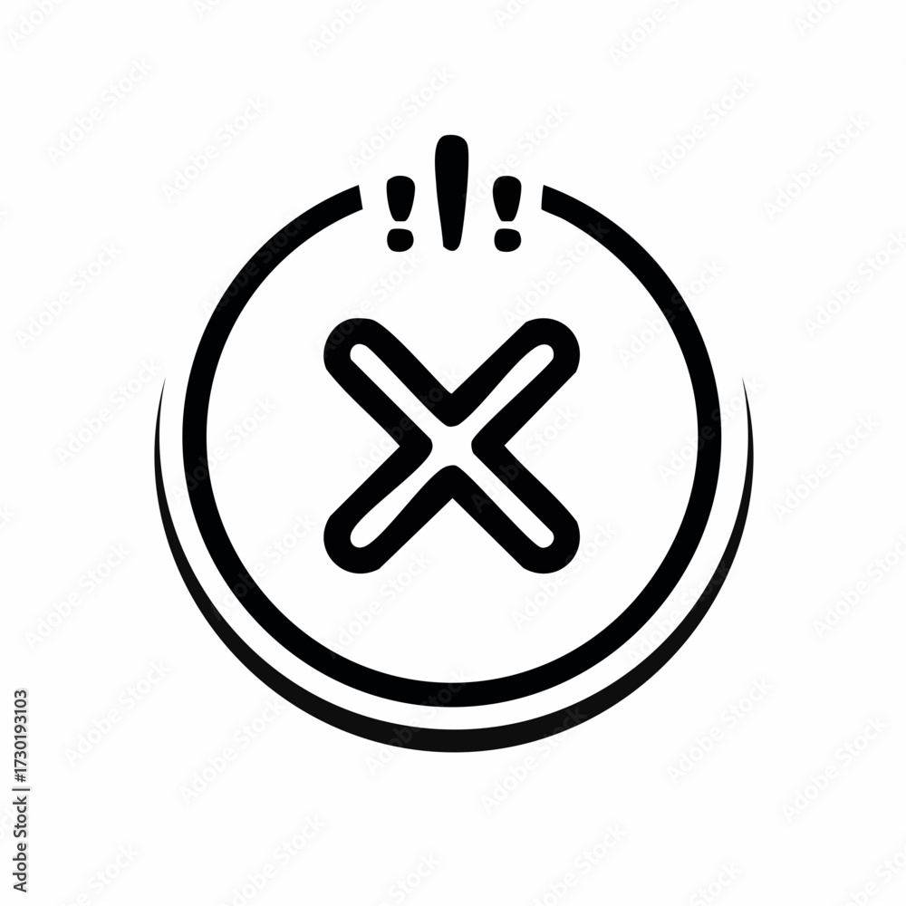 Fototapeta premium Circular icon with a bold 'X' symbol inside, representing a prohibition, denial, or incorrect answer, with exclamation marks above
