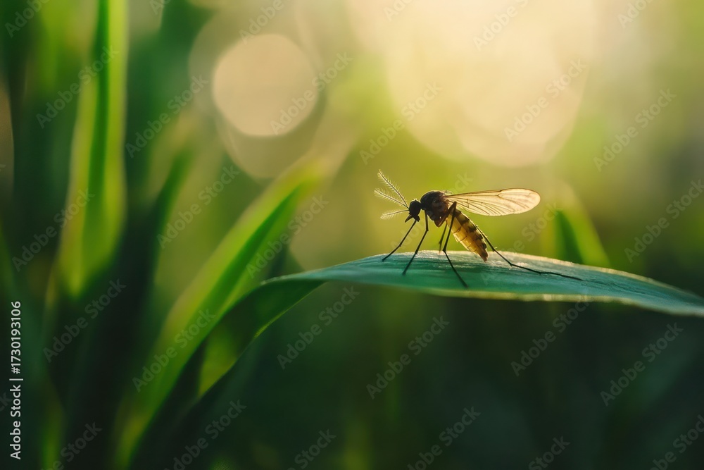 Naklejka premium Mosquito resting on leaf, virus transmission threat
